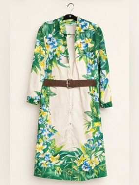 Tropical Floral Midi Shirt Dress in Green, White & Blue